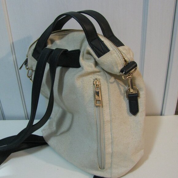 A New Day Backpack Purse Tan Oatmeal Black Faux Leather Straps Cute Pockets - Picture 4 of 9